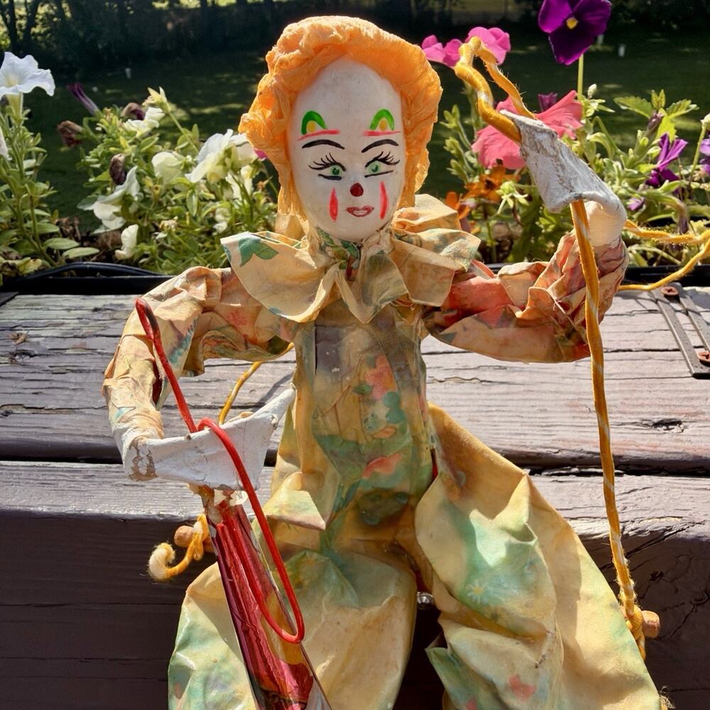 Vtg Mexican Folk Art Creepy Clown Papier Mache Swing Halloween Oddities Decor